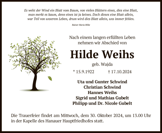 Traueranzeige von Hilde Weihs von OF