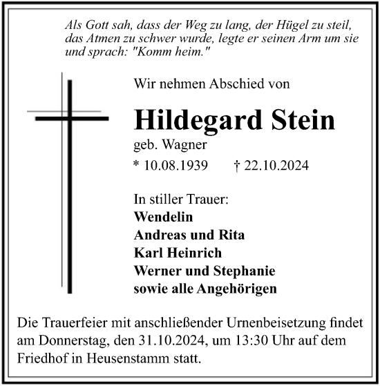 Traueranzeige von Hildegard Stein von OF