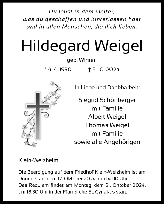 Traueranzeige von Hildegard Weigel von OF