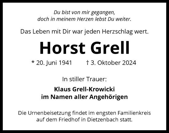 Traueranzeige von Horst Grell von OF