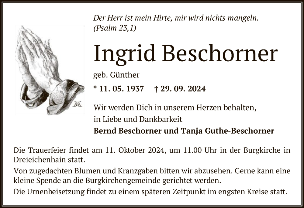  Traueranzeige für Ingrid Beschorner vom 05.10.2024 aus OF