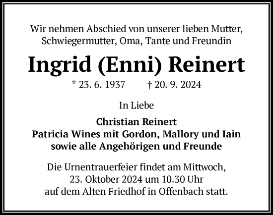 Traueranzeige von Ingrid Reinert von OF