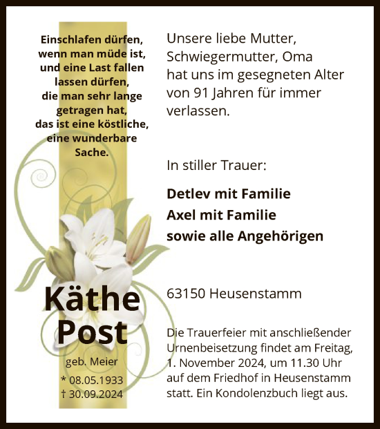 Traueranzeige von Käthe Post von OF