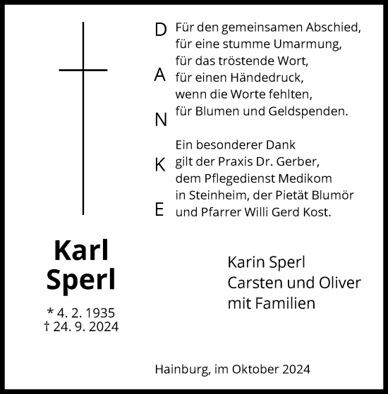 Traueranzeige von Karl Sperl von OF