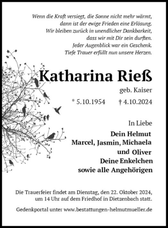 Traueranzeige von Katharina Rieß von OF