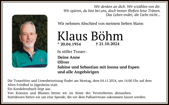 Traueranzeige von Klaus Böhm von OF