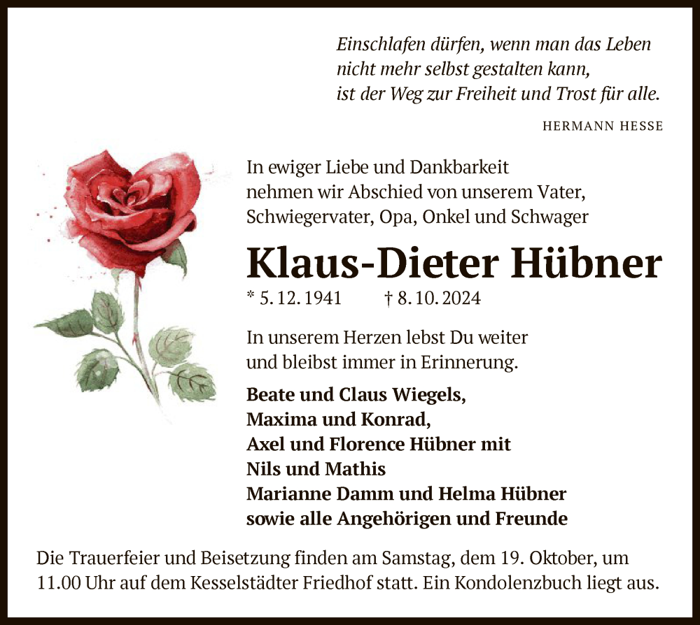  Traueranzeige für Klaus-Dieter Hübner vom 12.10.2024 aus OF