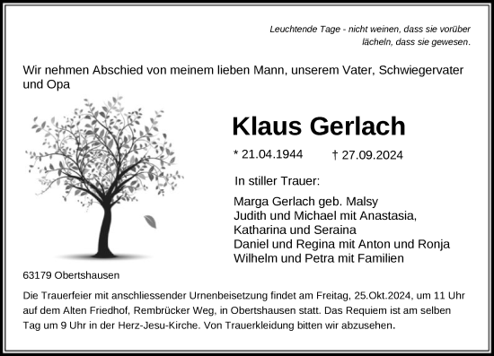 Traueranzeige von Klaus Gerlach von OF