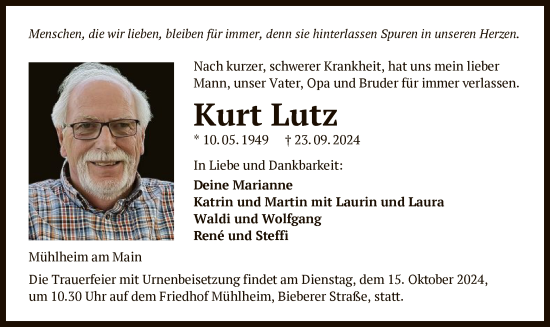 Traueranzeige von Kurt Lutz von OF