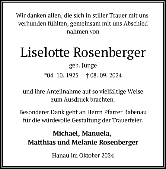 Traueranzeige von Liselotte Rosenberger von OF