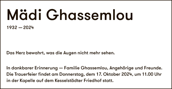 Traueranzeige von Mädi Ghassemlou von OF