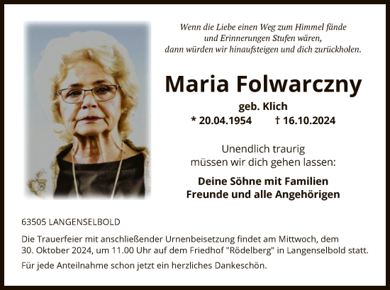 Traueranzeige von Maria Folwarczny von OF