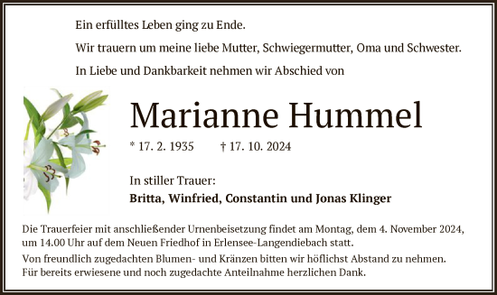 Traueranzeige von Marianne Hummel von OF