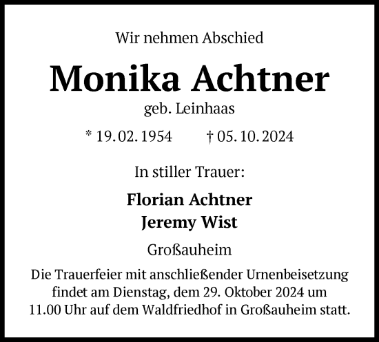 Traueranzeige von Monika Achtner von OF