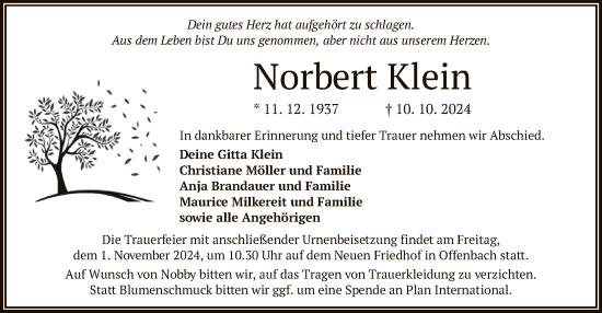 Traueranzeige von Norbert Klein von OF