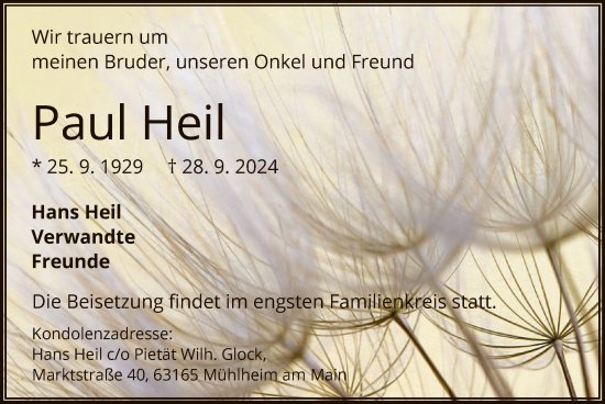 Traueranzeige von Paul Heil von OF