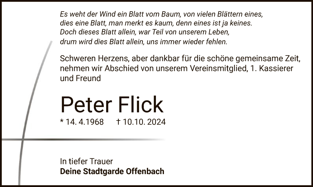  Traueranzeige für Peter Flick vom 26.10.2024 aus OF