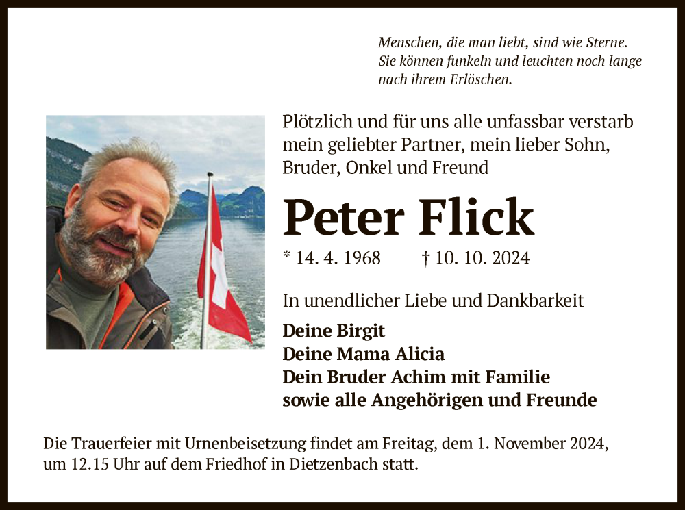  Traueranzeige für Peter Flick vom 26.10.2024 aus OF