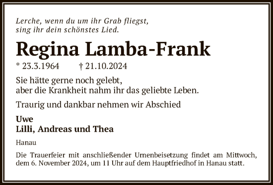 Traueranzeige von Regina Lamba-Frank von OF