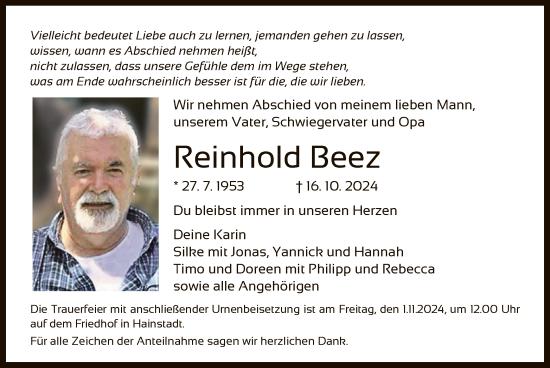 Traueranzeige von Reinhold Beez von OF