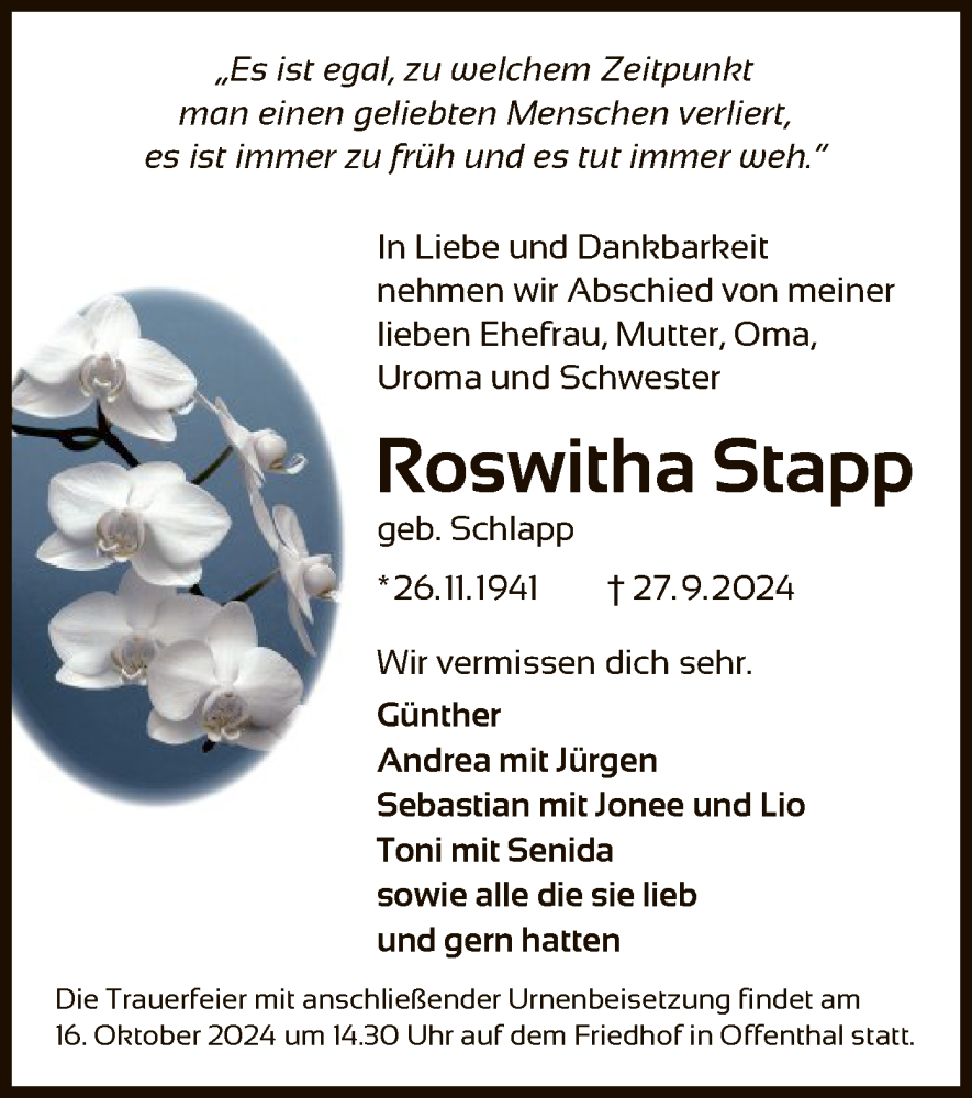  Traueranzeige für Roswitha Stapp vom 12.10.2024 aus OF