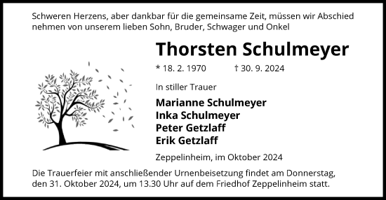 Traueranzeige von Thorsten Schulmeyer von OF