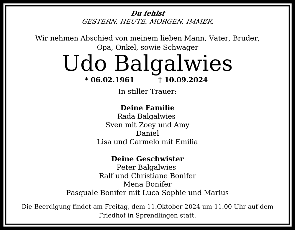  Traueranzeige für Udo Balgalwies vom 05.10.2024 aus OF