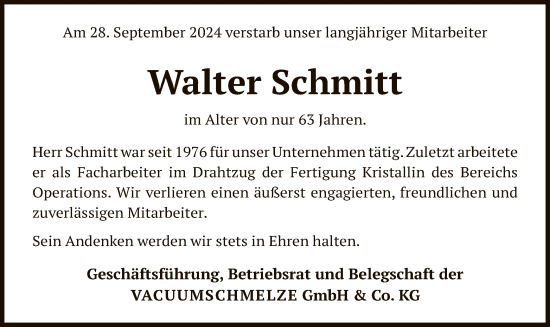 Traueranzeige von Walter Schmitt von OF