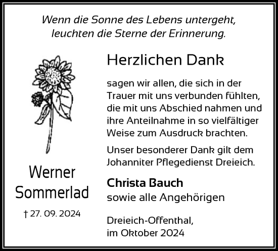 Traueranzeige von Werner Sommerlad von OF