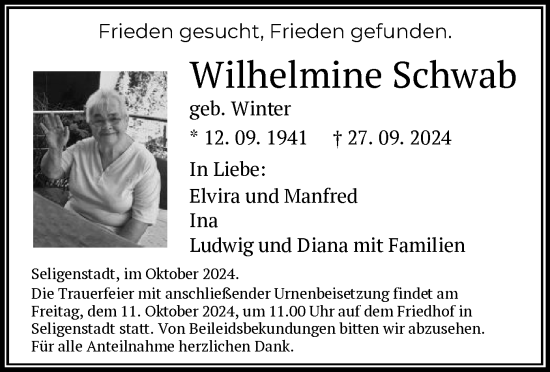 Traueranzeige von Wilhelmine Schwab von OF