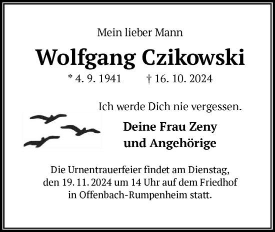 Traueranzeige von Wolfgang Czikowski von OF