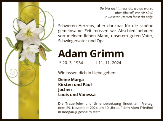 Traueranzeige von Adam Grimm von OF