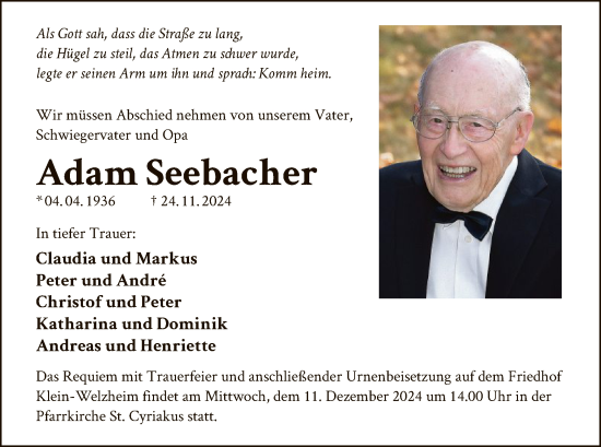 Traueranzeige von Adam Seebacher von OF