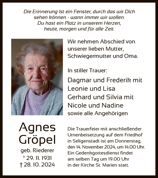 Traueranzeige von Agnes Gröpel von OF