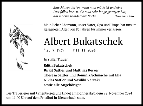 Traueranzeige von Albert Bukatschek von OF