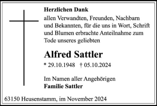 Traueranzeige von Alfred Sattler von OF