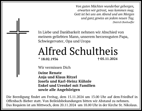 Traueranzeige von Alfred Schultheis von OF