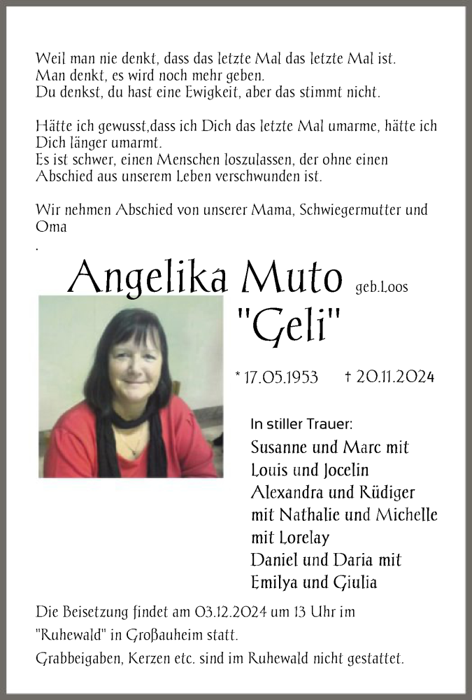  Traueranzeige für Angelika Muto vom 30.11.2024 aus OF