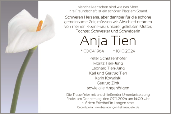 Traueranzeige von Anja Tien von OF