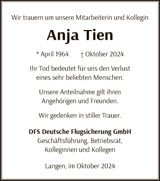 Traueranzeige von Anja Tien von OF