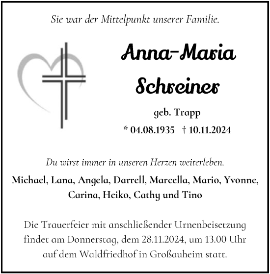 Traueranzeige von Anna-Maria Schreiner von OF