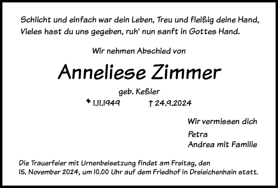 Traueranzeige von Anneliese Zimmer von OF