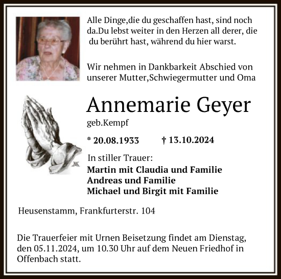 Traueranzeige von Annemarie Geyer von OF