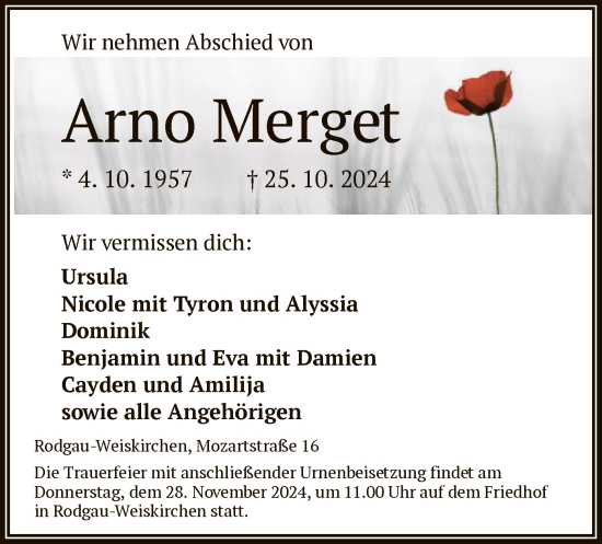 Traueranzeige von Arno Merget von OF