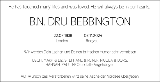 Traueranzeige von B.N. Dru Bebbington von OF