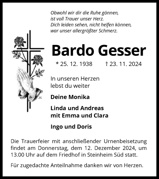 Traueranzeige von Bardo Gesser von OF