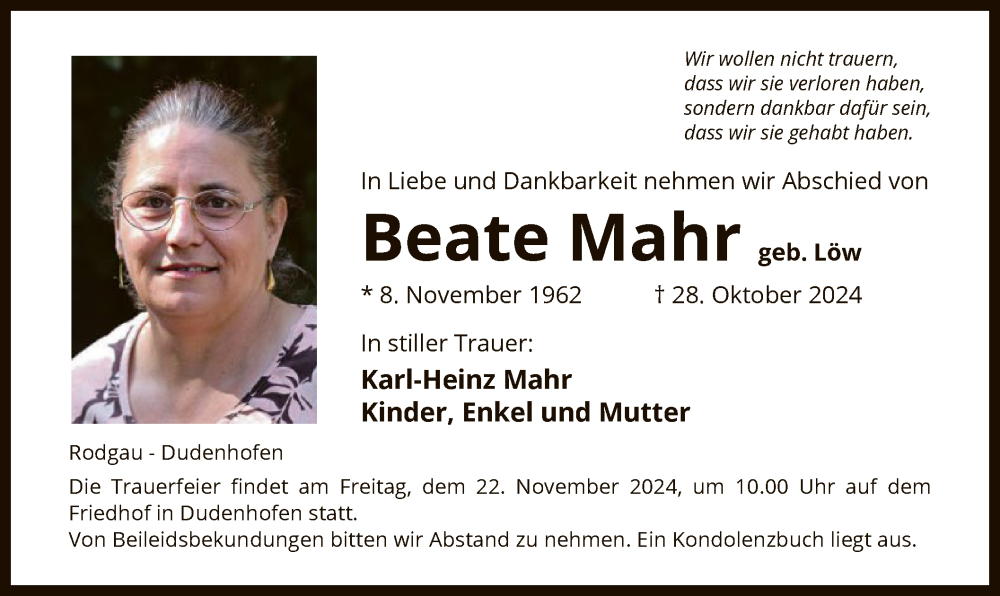  Traueranzeige für Beate Mahr vom 16.11.2024 aus OF