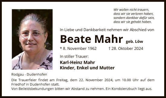 Traueranzeige von Beate Mahr von OF