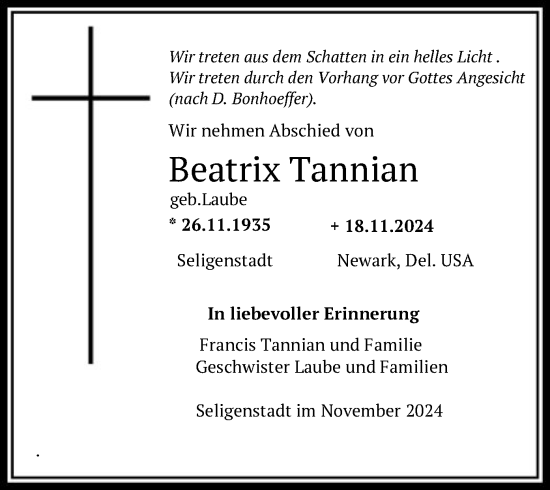 Traueranzeige von Beatrix Tannian von OF