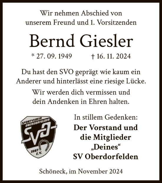 Traueranzeige von Bernd Giesler von OF